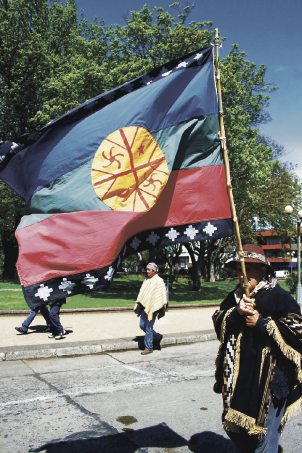 Izan bandera mapuche frente al edificio del municipio de Villarrica